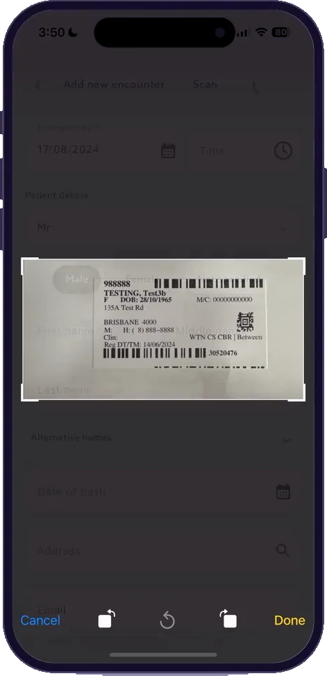 A photographed patient sticker being cropped in the Anaemate app.